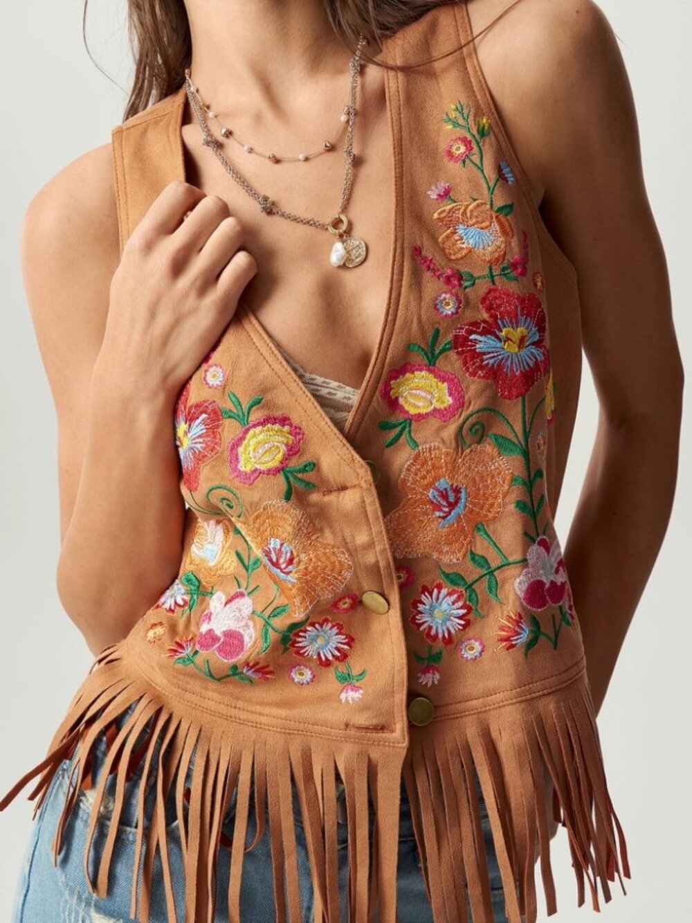 Camel Floral Embroidered Fringe Hem Vest